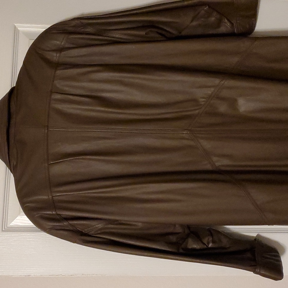 Leather genuine coat full length size Large color chocolate brown - Picture 4 of 6